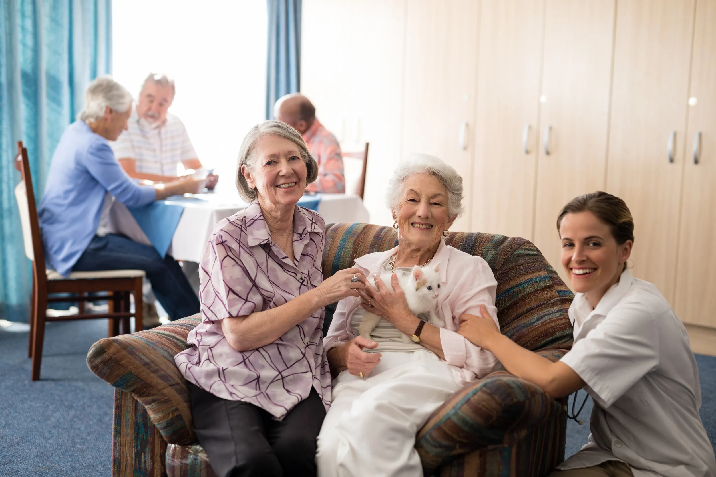 Portrait of female practitioner with kitten at nursing home Portrait of female practitioner with kitten at nursing home